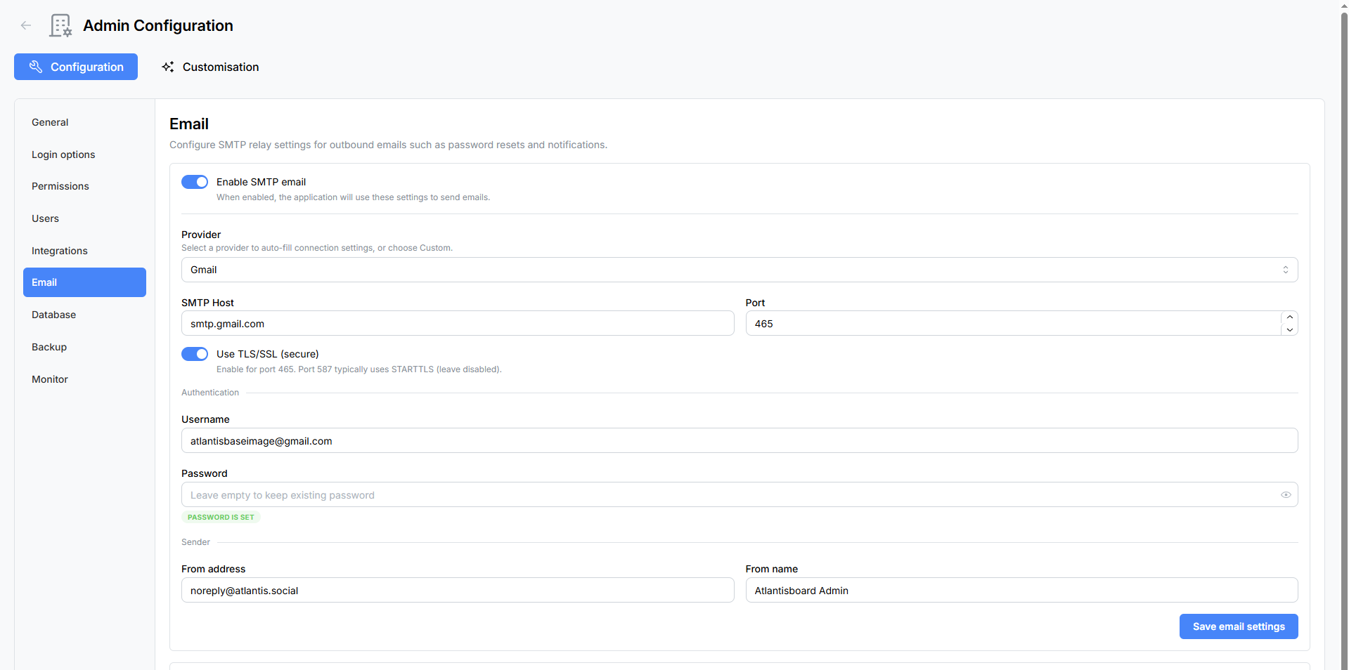 SMTP configuration panel