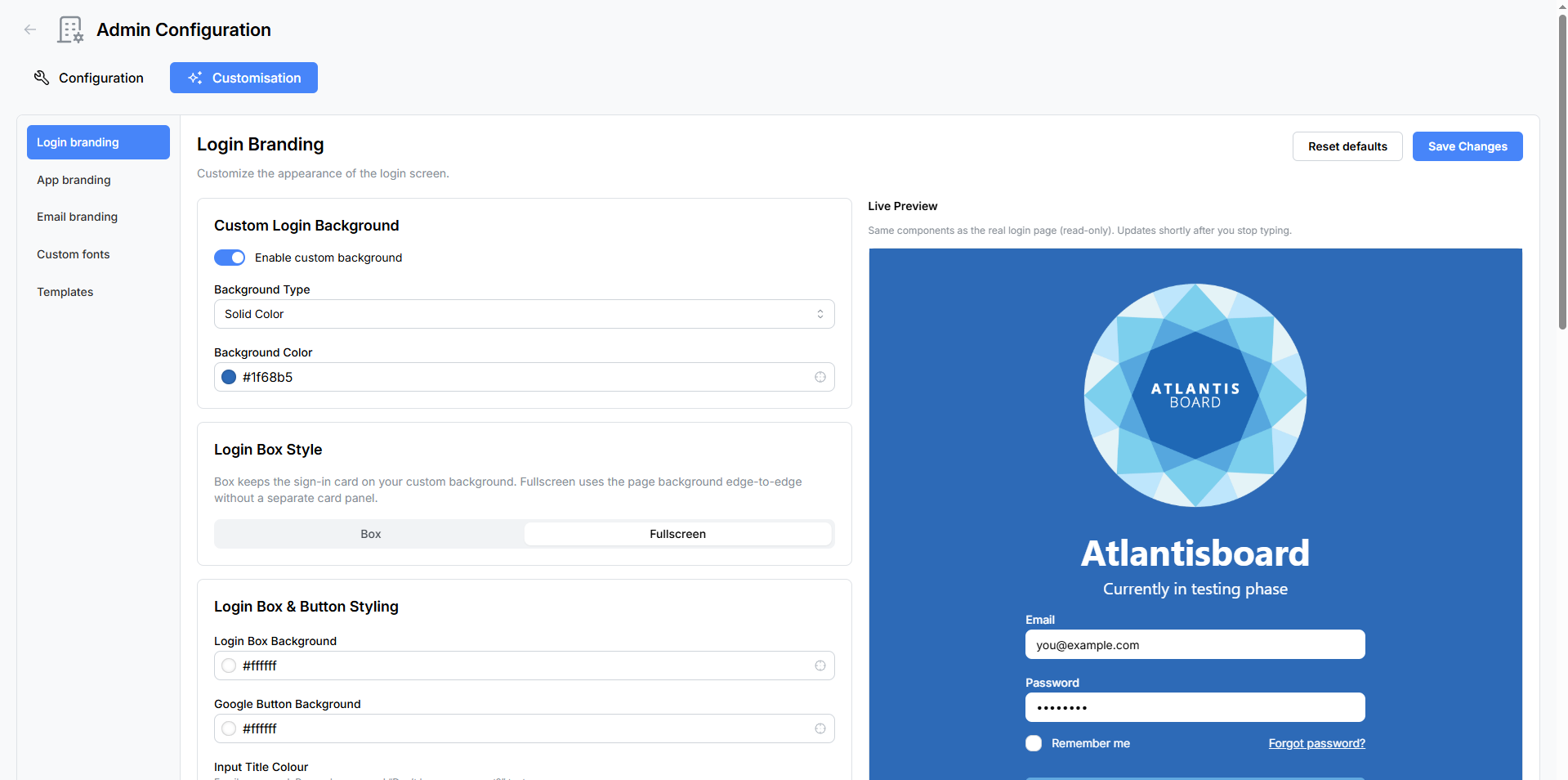 Login branding panel with live preview