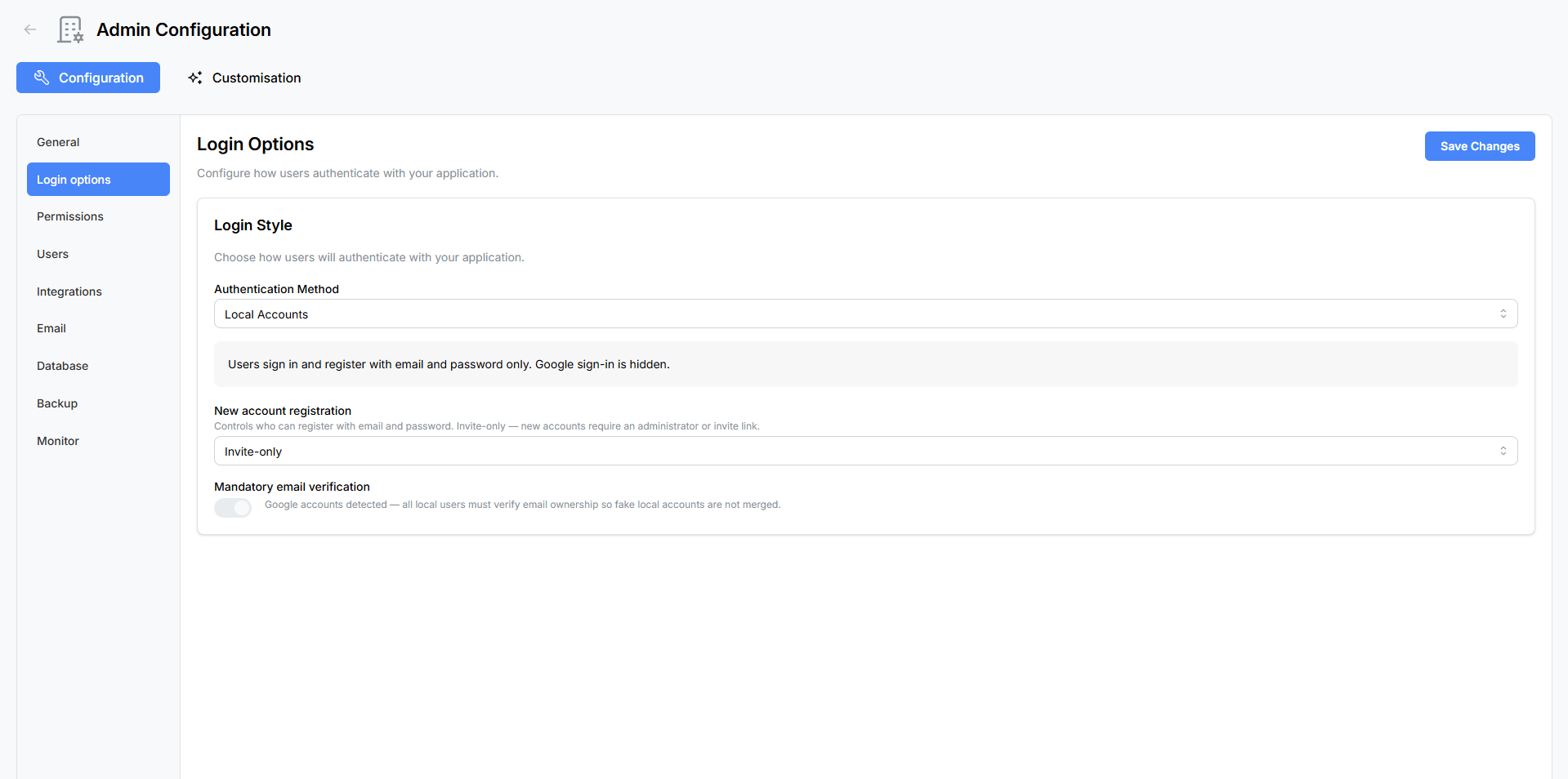 Login options panel