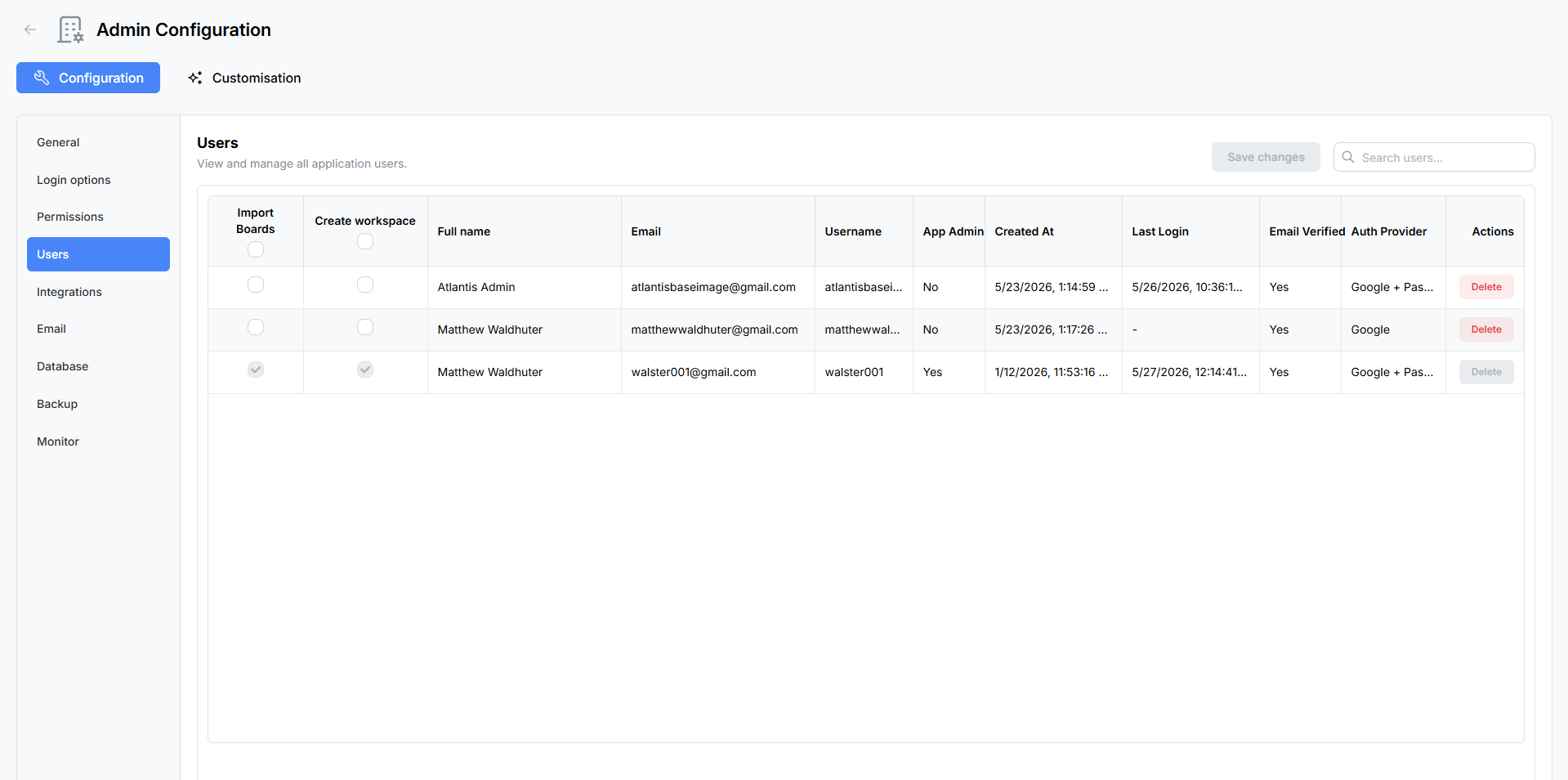 User management panel