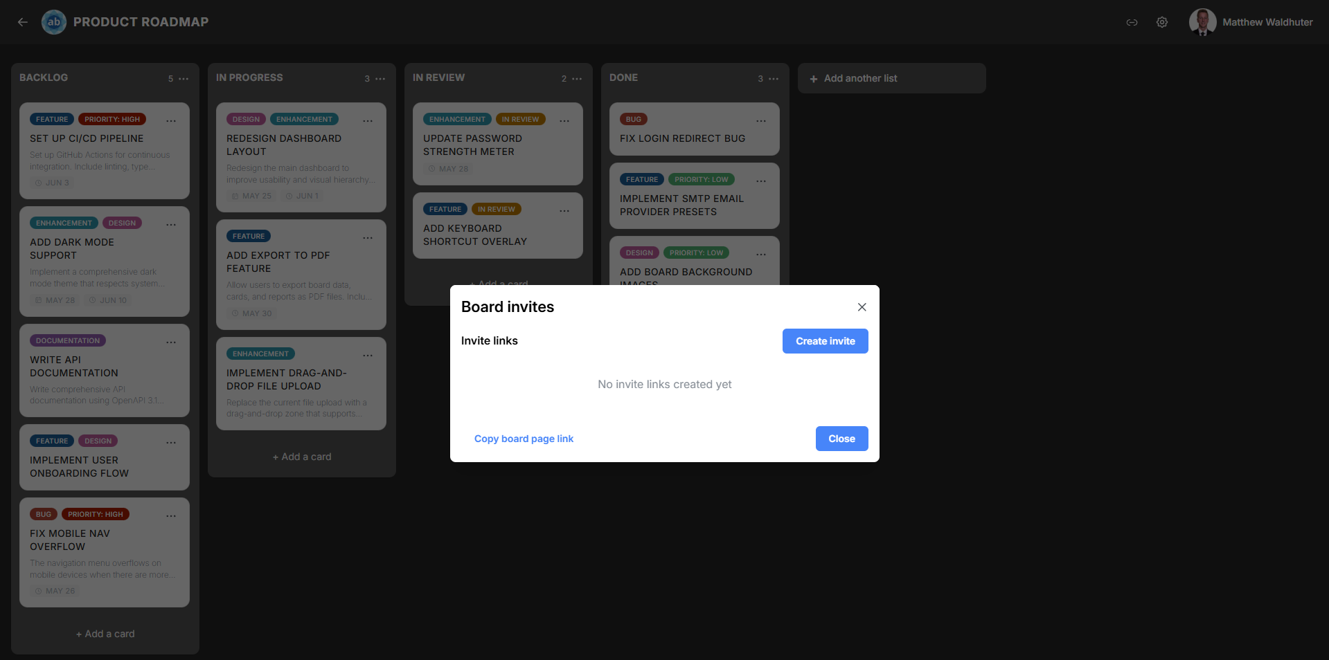 Board invites modal