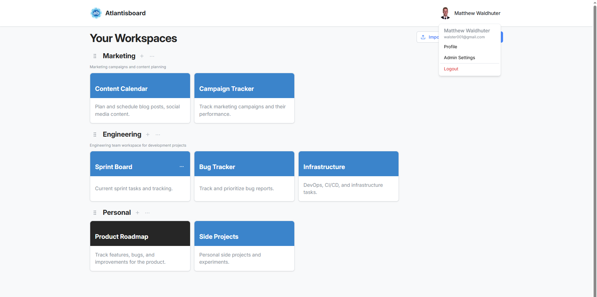 User menu dropdown