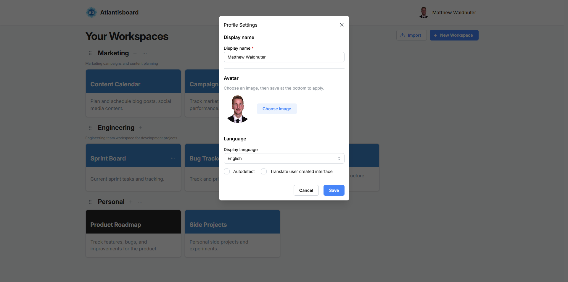 Profile settings modal